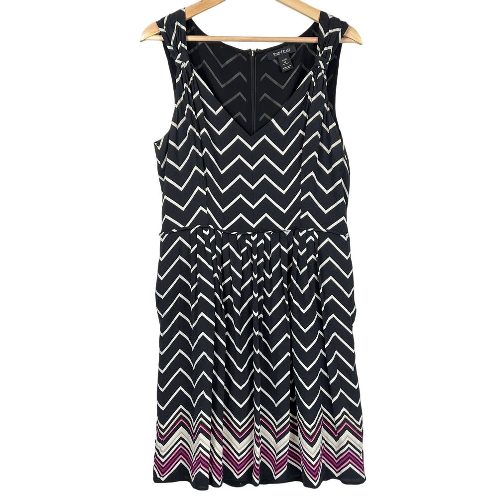 White House Black Market Chevron Zig Zag 100% Silk Dress Womens 12 Pink Pockets